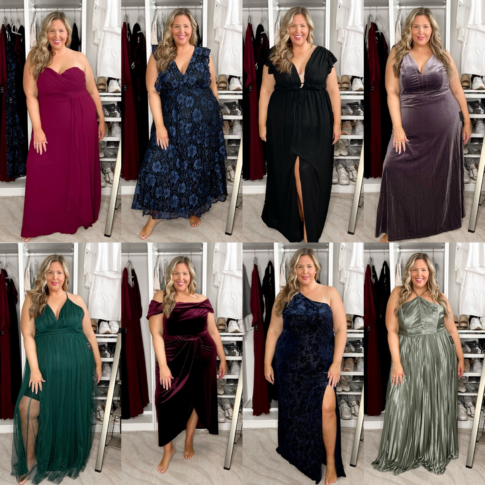 Wedding guest dresses, elevated cocktail options! Wearing a 3X in everything here, and first time trying this brand Lulu’s but loved the price point for occasion dresses! Keep in mind I am 5’8, 18/20 2X 42DD typically, for reference. 
1 - strapless burgundy color this dress fit me perfectly and is SO comfy! 
2- this dress is a little too big in the chest but fits me great in the hips so I wouldn’t size down. I would need to get the shoulders taken up by a seamstress for this to really work for me, but keep in mind I have a naturally higher waist that causes this issue often in dresses!
3- really wanted to love this black one but I wouldn’t be able to wear a bra, which is sometimes okay for me if it has the right amount of support but this one didn’t - the sizing fit great tough
4 - absolutely in love with this grey velvet gown, omg! The 3x fits me perfectly and I LOVE the color!! 
5 - Obsessed with the sheer tulle skirt and halter neckline of this dress! I wouldn’t be able to wear a bra but the halter would make it supportive enough. Fit great in the 3x. 
6 - I love this pretty burgundy velvet dress but it almost felt a little too big, so I wonder if I’d like it better in my regular size 2x.
7 - ok I love the fabric of this dress it is SO comfy, and the blue burnout pattern is very cool too! The 3x is a little big on me in the chest but I honestly think I could get away with it!
8 - this sage green color omg! I am in love. I’m not sure I could wear a. Bra with this because the back is a little lower but I am sure going to try! 


#LTKPlusSize #LTKMidsize #LTKCon