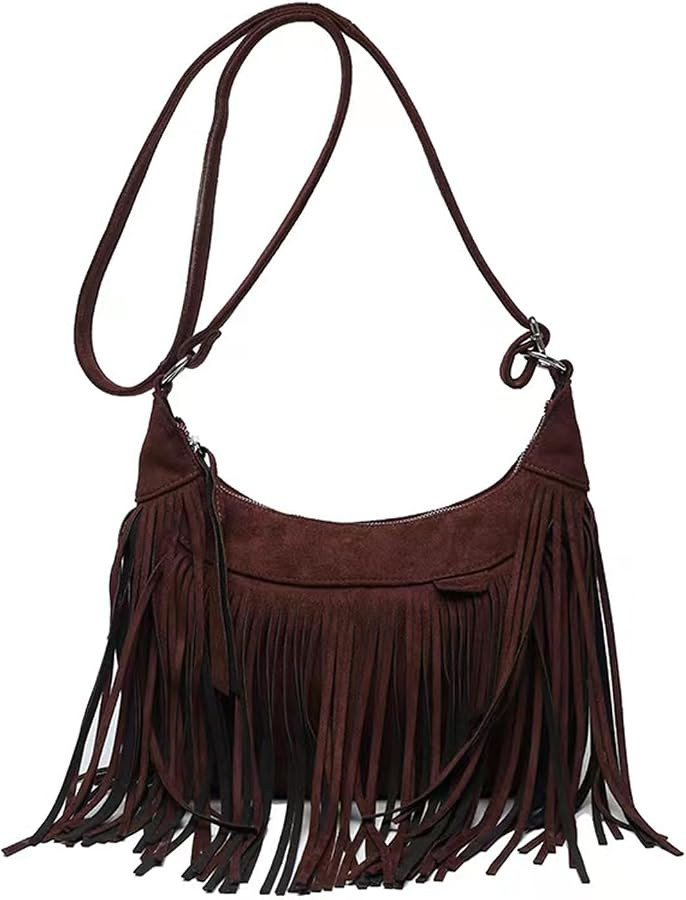 Women Fashion Fringe Purse Crossbody Bags Vegan Suede Hippie Tassel Hobo Shoulder Bag Vintage Han... | Amazon (US)