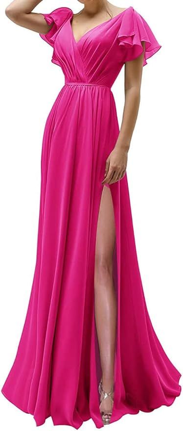 RYANTH A Line V Neck Chiffon Bridesmaid Dress Long Evening Formal Party Dress Ruched Bodice RYZ10... | Amazon (US)