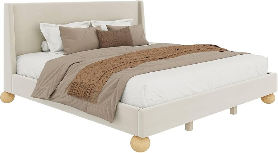 Boucle Bed Frame - Soft Frame Bedframe with Wingback Headboard and Round Wooden Legs, Upholstered... | Amazon (US)