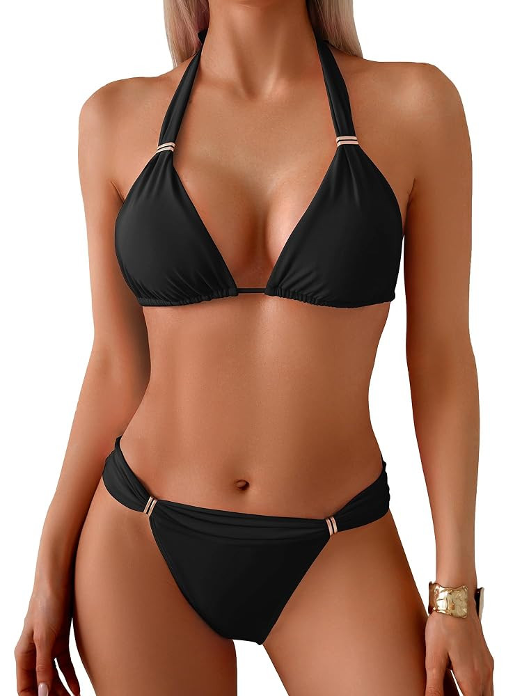 TASHEHE Women's Triangle Ruched Bikini Set Sexy Two Piece Swimsuit Halter Sliding Rings Bathing S... | Amazon (US)