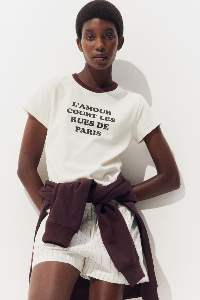 Fitted Cotton T-shirt - Round Neck - Short sleeve - Natural white/Paris - Ladies | H&M US | H&M (US + CA)
