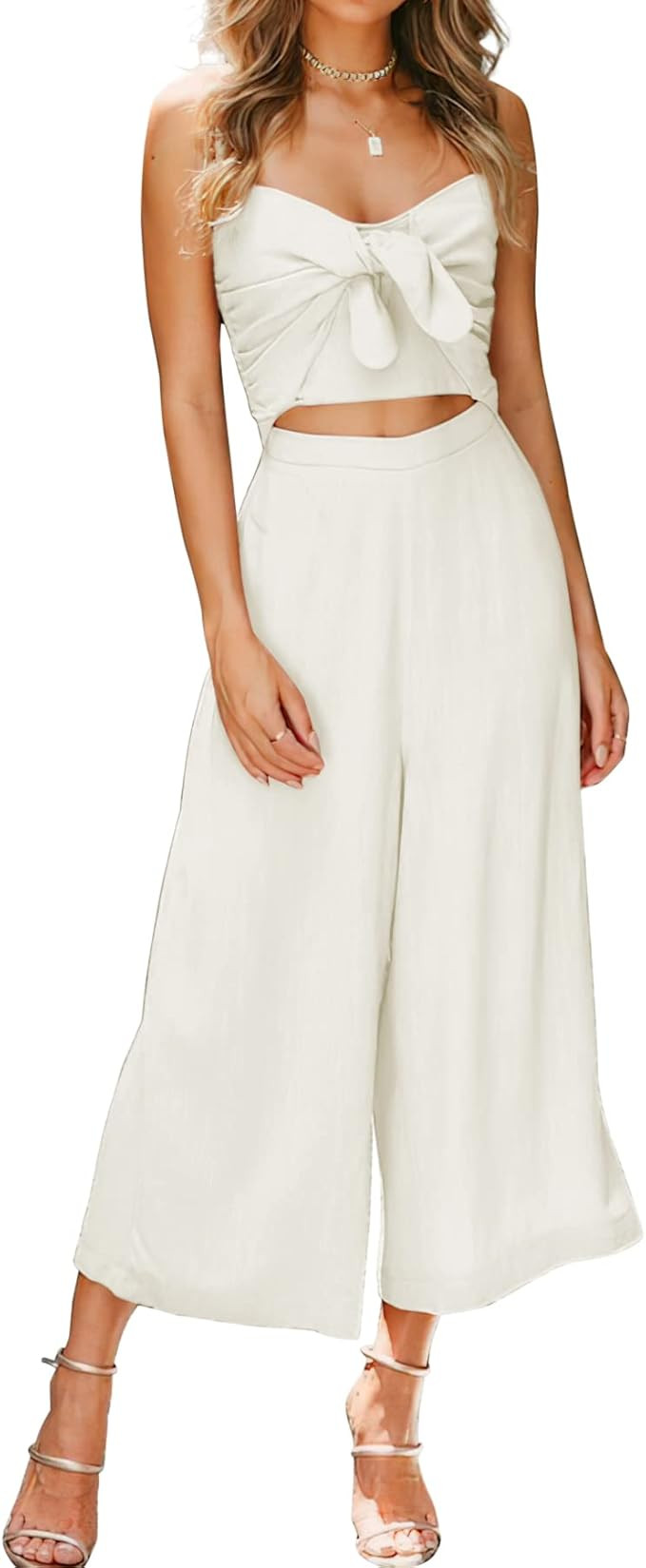 Women's Summer Tie Knot Cutout Spaghetti Straps Smocked High Waist Wide Leg Sexy Jumpsuits Romper... | Amazon (US)