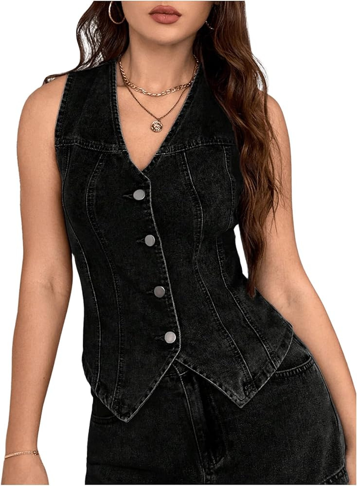 MakeMeChic Women's Denim Vest Tops Sleeveless Button Down V Neck Asymmetrical Hem Crop Jean Vest | Amazon (US)