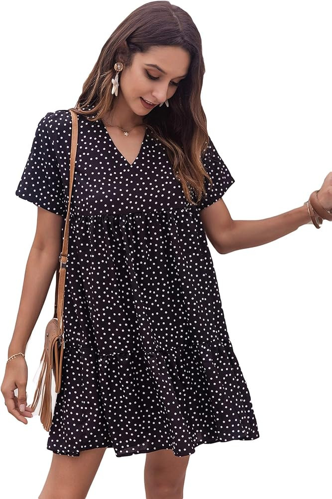 Romwe Women's V Neck Striped Floral Ruffle Embroidery Summer Boho Dress Top | Amazon (US)