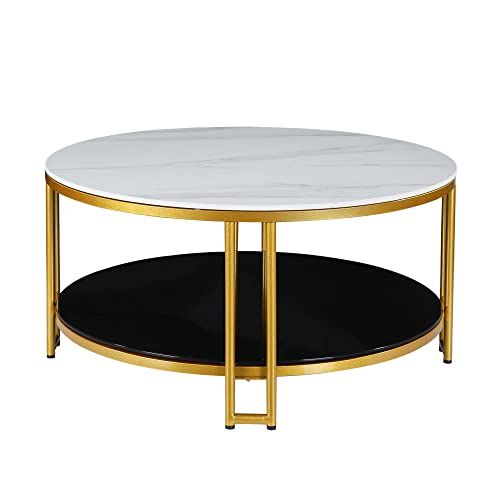 Uolfin Marble Coffee Table with Tempered Glass and Gold Metal Frame 2-Tier, 35.5 Inches | Amazon (US)