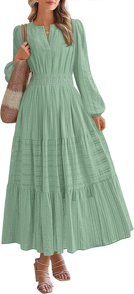 BTFBM Spring Dresses for Women 2026 Casual Long Sleeve V Neck Elastic Waist Lightweight Maxi Wedd... | Amazon (US)