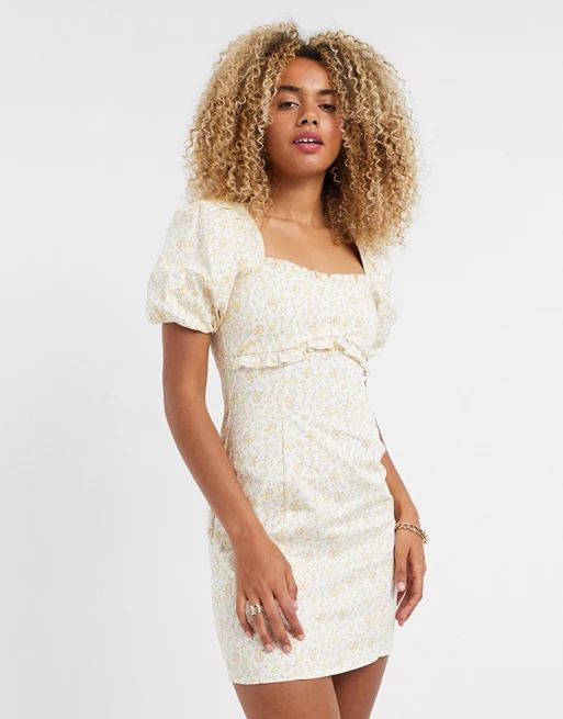 Topshop mini dress with puff sleeves in ditsy print | ASOS (Global)