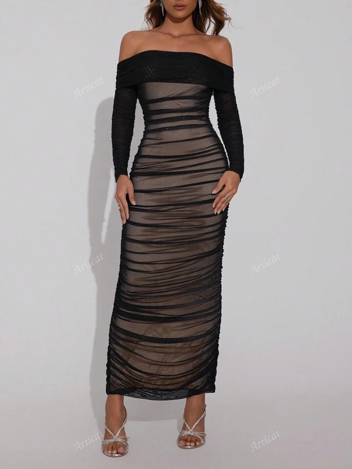 Double Layers Off Shoulder Long Sleeve Mesh Party Dress, Elegant Cocktail Semi Formal Prom Dress,... | SHEIN