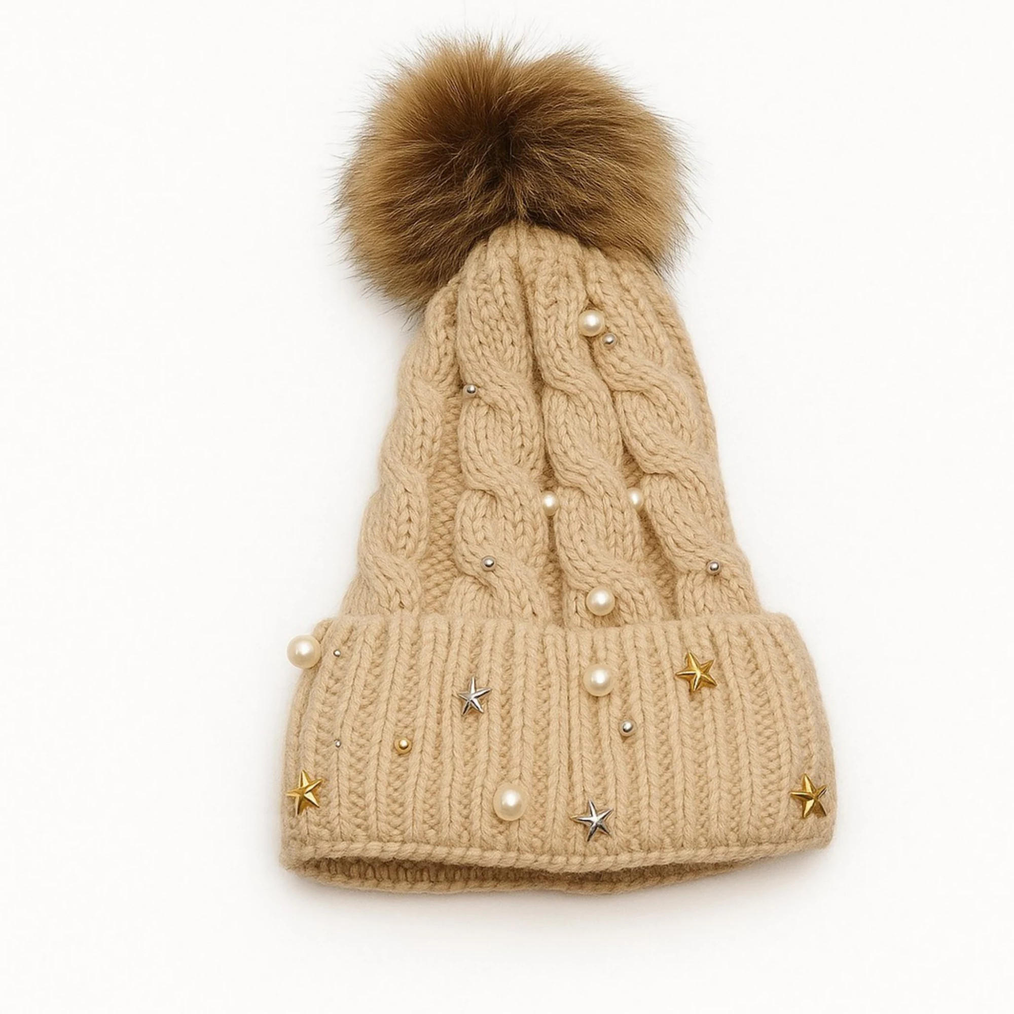 Women's Cable Knit Beanie Hat with Decorative Pearl and Star Embellishments and Soft Pom Detail | Kohl's