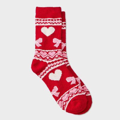 Girls' Fair Isle Hearts & Bows Cozy Pajama Crew Socks - art class™ Red | Target