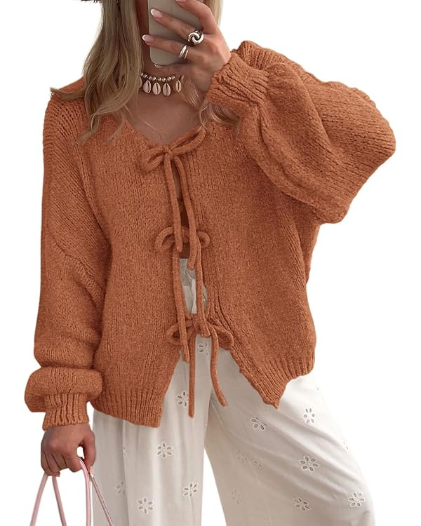PRETTYGARDEN Women's Tie Front Bow Cardigan Sweaters Chunky Knit Long Puff Sleeve Trendy Fall Win... | Amazon (US)