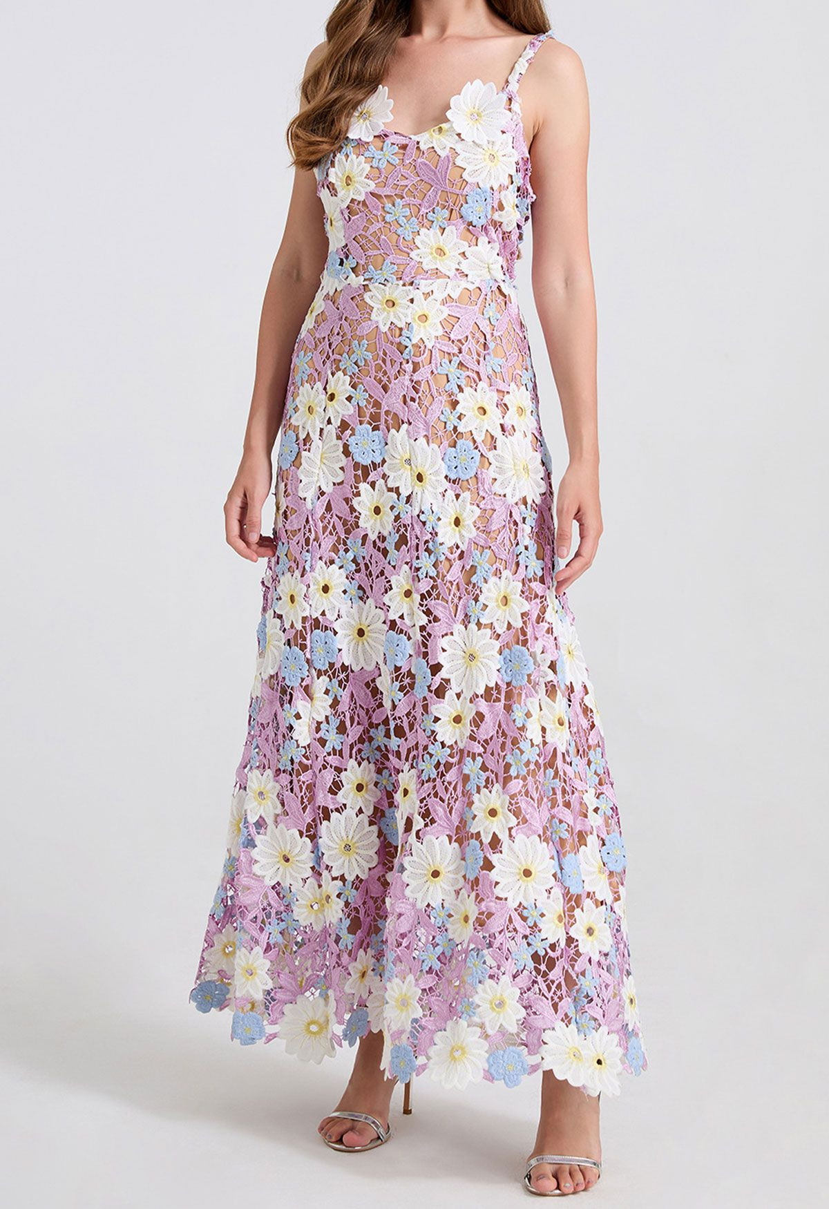 3D Floral Applique Cutwork Lace Cami Maxi Dress in Dusty Rose for Bridal Showers & Garden Wedding... | Chicwish