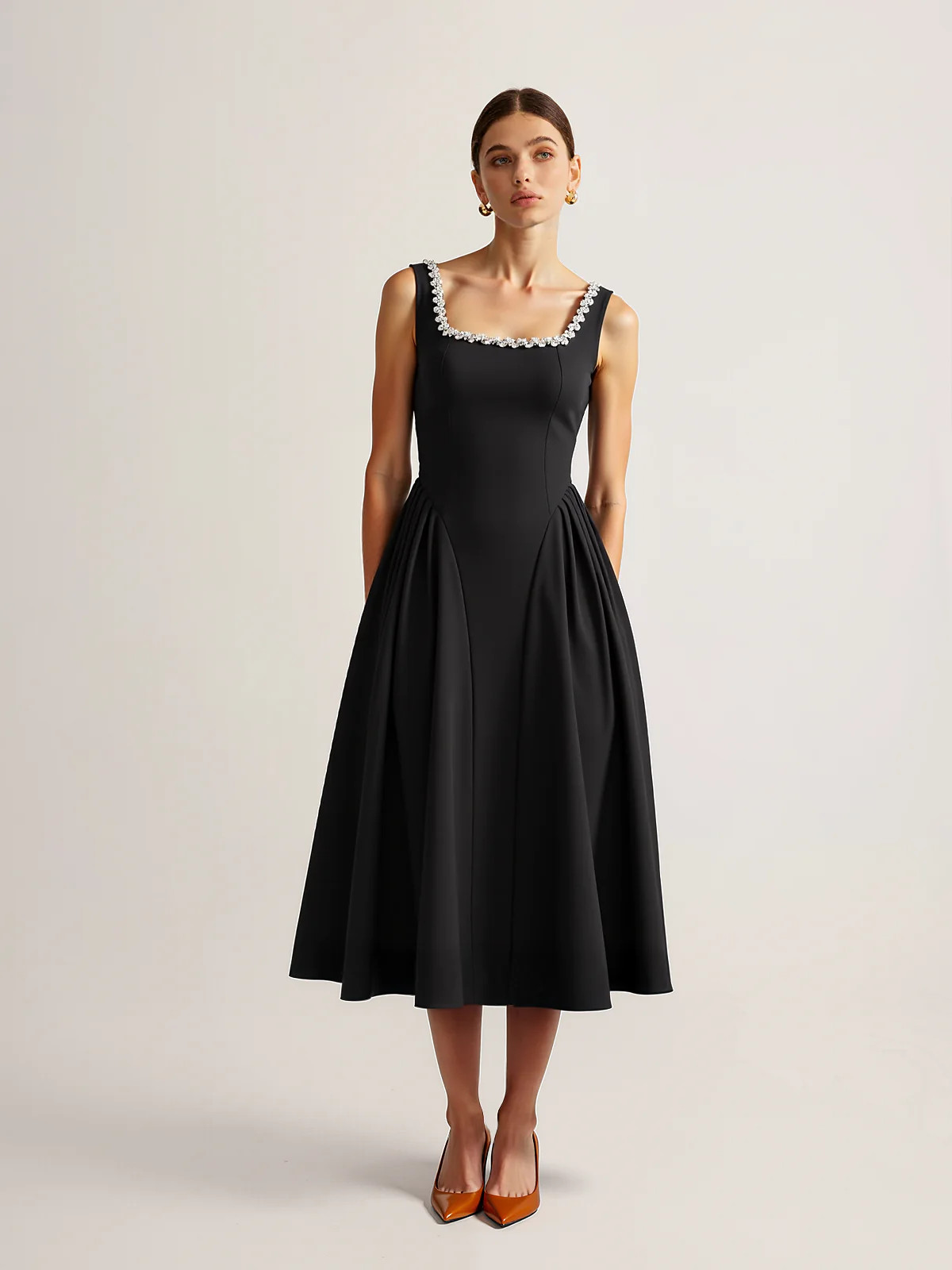 Sleeveless Square Neck Diamond Trim Flare Dress | Commense