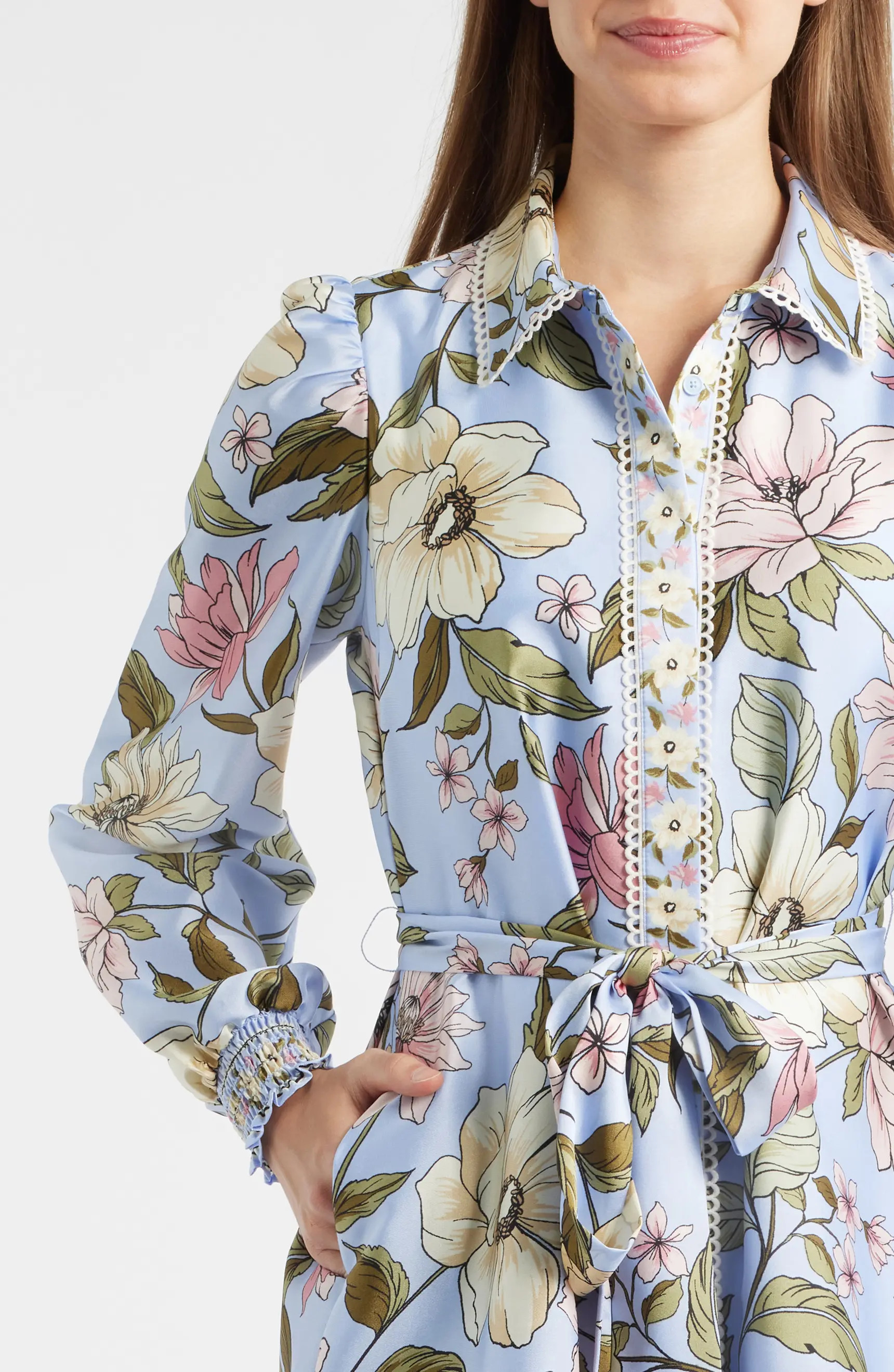 Floral Print Long Sleeve Satin Shirtdress | Nordstrom