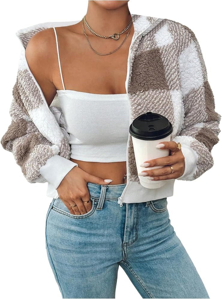 SHENHE Women's Fleece Jacket Plaid Fuzzy Zip Up Sherpa Bomber Jackets | Amazon (US)
