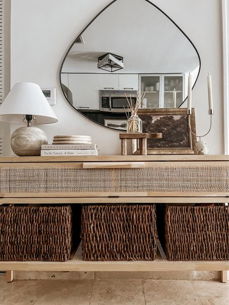 entryway styling: neutral, earthy, organic modern 

console table, baskets, lamp, mirror, home decor, candle holder, candles

#LTKhome