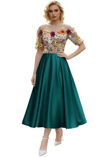 FYSGDYL Women's Elegant Lace Florals Semi Formal Dresses Tea Length Fairy Spring Garden Party Dress Teal US24 Plus | Amazon (US)