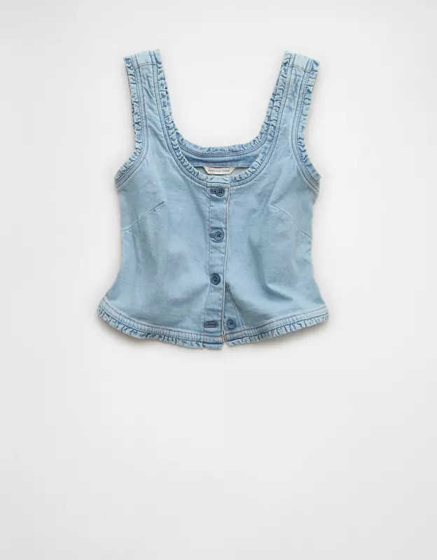 AE Cropped Ruffle Trim Denim Tank Top | American Eagle Outfitters (US & CA)