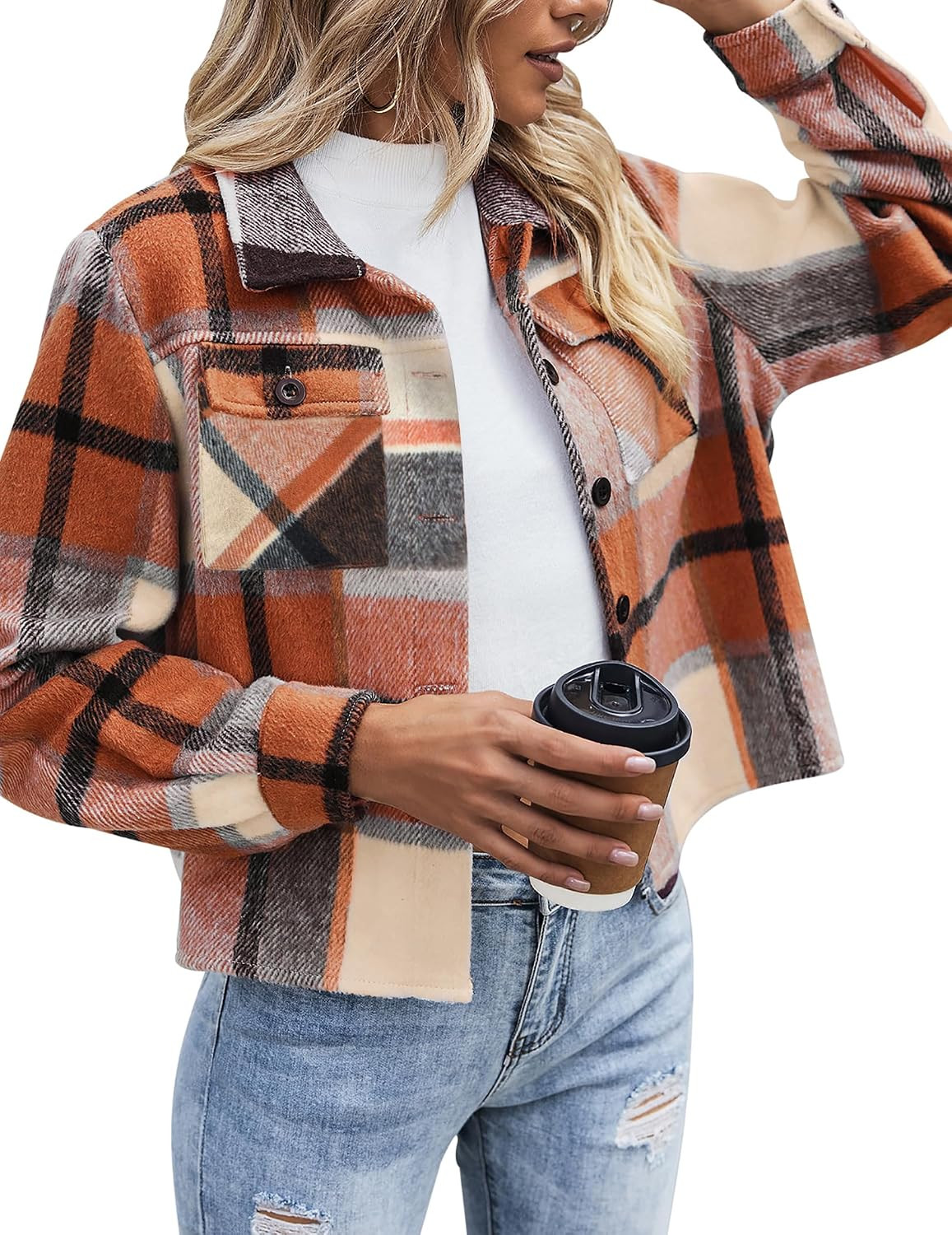 Zeagoo Flannels for Women Cropped Shacket Jacket Fashion Plaid Button Down Shirt 2026 Fall Coat Tops | Amazon (US)