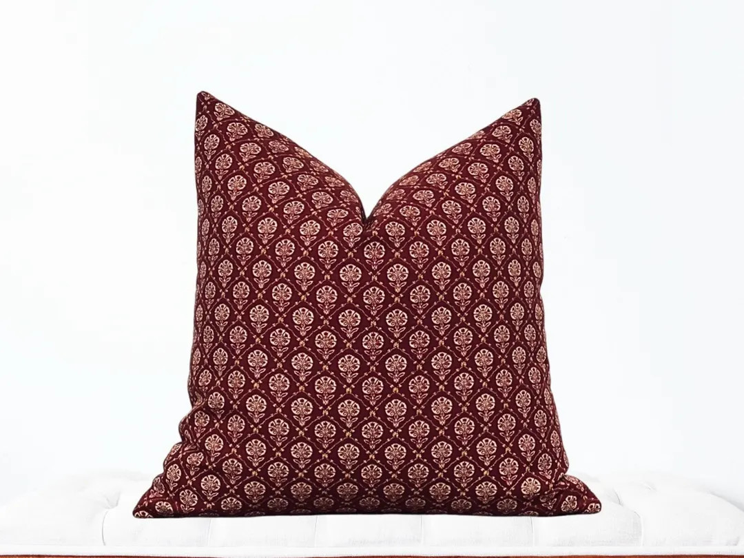 Block Print Pillow Cover Red Burgundy Floral Pillow, Burgundy Cream Pillow Cover, Modern Farmhous... | Etsy (US)