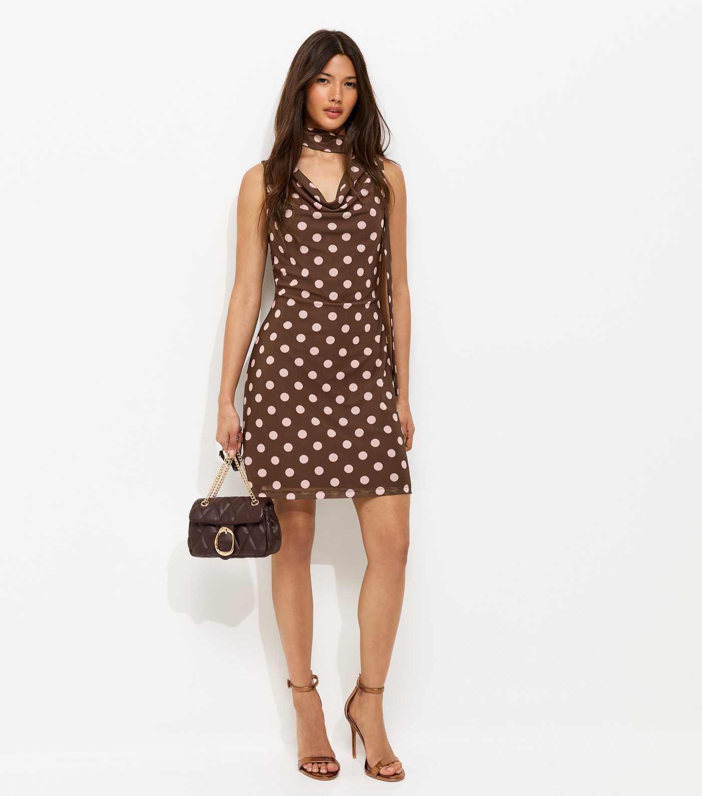 Brown Polka Dot Cowl Neck Mesh Mini Dress | New Look | New Look (UK)