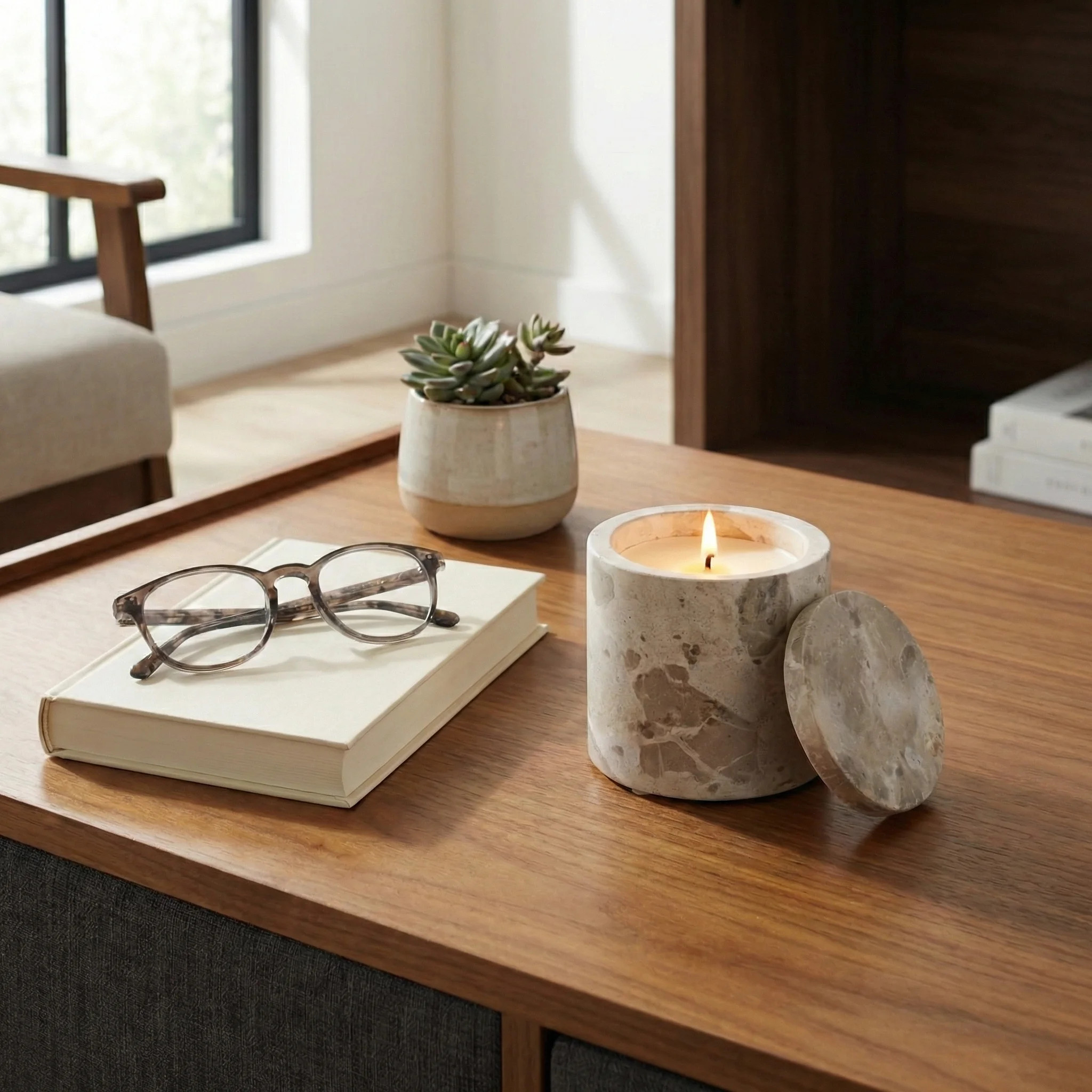 Decorative Marble Stone Candle With Lid For Living Room Display- Modern Decor Scented Accent For Bedroom, Bookshelf Or Coffee Table Styling | Wayfair North America