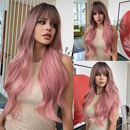 JOOLER Pink Wig With Bangs Ombre Pink Wigs For Women Long Wavy Wigs Cute Pink Light Cosplay Party Wig Heat Resistant Dark Roots Natural Looking | Amazon (US)
