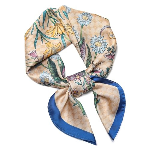 Stlvoll 27.5" Silk Scarf of Women's Fashion Head Scarf Square Neck Satin Scarfs for Bag Hair Scarves Gift (Flower/Khaki) | Amazon (US)