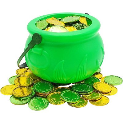 4E's Novelty St. Patrick’s Day Pot of Gold 5 Inch – Green Plastic Cauldron with 100 Lucky Coins, Leprechaun Party Decoration | Target