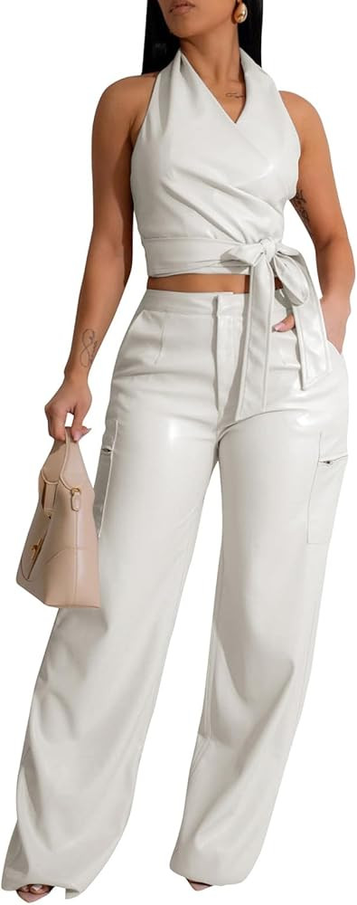 WOKANSE Womens PU Leather Stretchy 2 Piece Outfit Belted Sleeveless Halter Tops and Straight Leg ... | Amazon (US)
