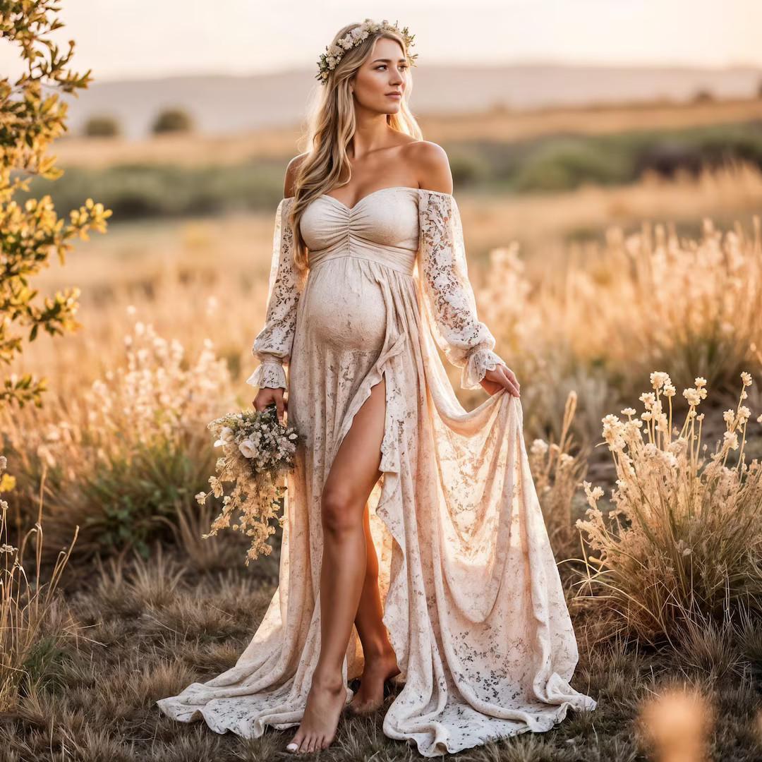 Boho Maternity Dress Lace Gown for Photo Shoot Baby Shower Outfit Elegant off Shoulder Pregnancy ... | Etsy (US)