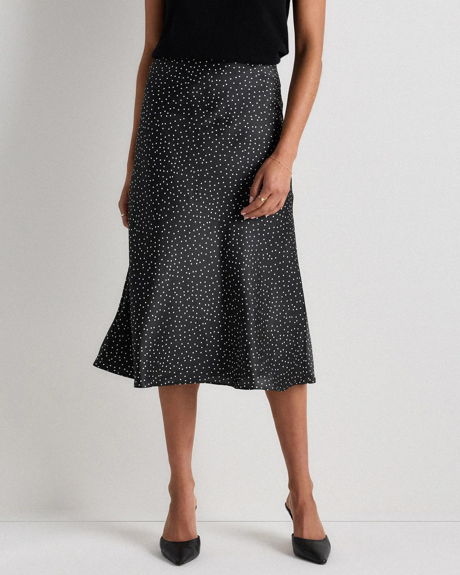 100% Washable Silk Skirt | Quince in Tiny Dot Black/ White | Quince
