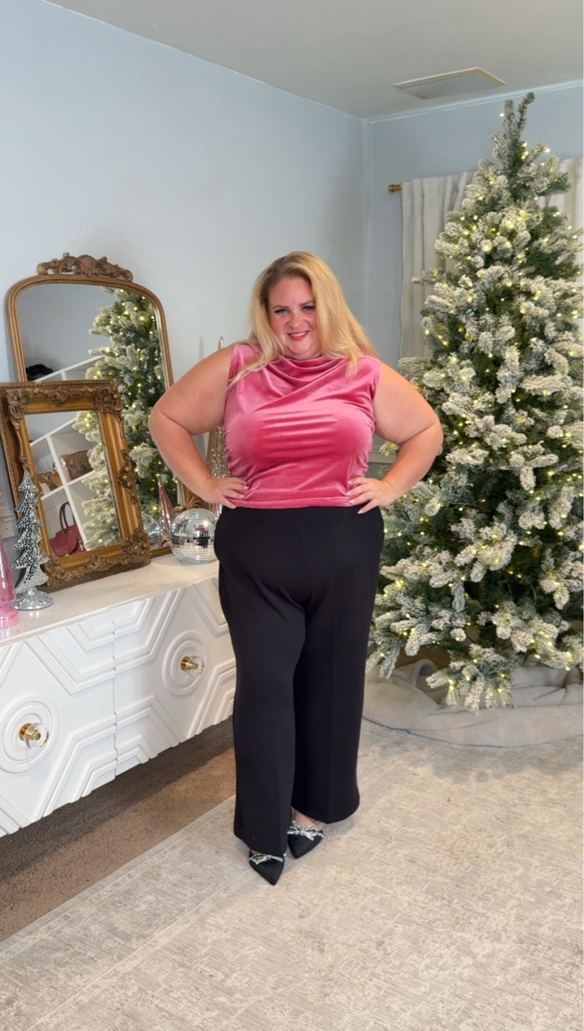 This is how you do dressy without being uncomfortable. The velvet top drapes instead of clinging, the pants are high-waisted and forgiving, and the whole look feels polished but wearable. Perfect for when you want something elevated that still lets you breathe. Everything is linked on LTK so you can shop the full outfit.

#LTKPlusSize #LTKFindsUnder50 #LTKOver40