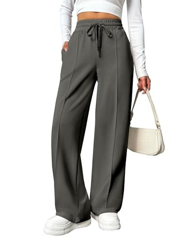 PINSPARK Wide Leg Sweatpants Women High Waisted Baggy Sweat Pants Elastic Elevated Loose Active Pants with Pockets Dark Gray M | Amazon (US)