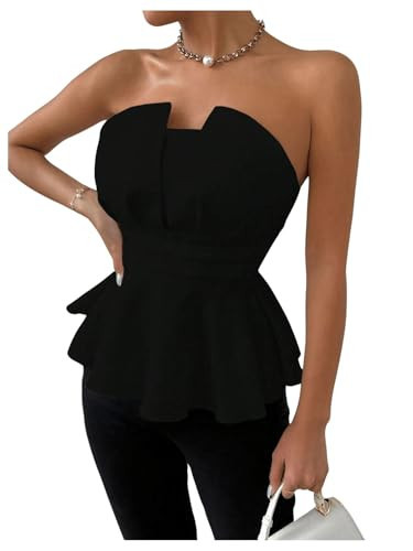 OYOANGLE Women's Strapless Ruffle Tube Top Flared Hem Peplum Bandeau Party Going Out Tops Black X-Small | Amazon (US)