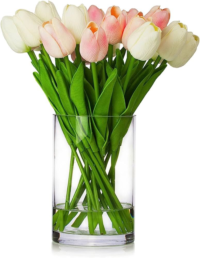 ENOVA FLORAL 20 Heads Real Touch Artificial Tulips Flowers in Vase, Mixed White and Pink Tulips F... | Amazon (US)