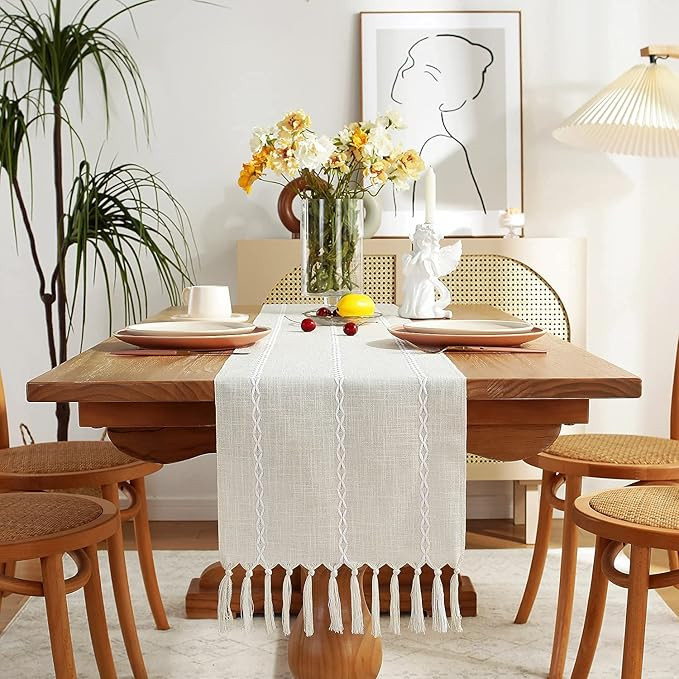Chassic Rustic Farmhouse Style Linen Table Runner, Boho Handmade Fringe Braided Stripe Table Runn... | Amazon (US)