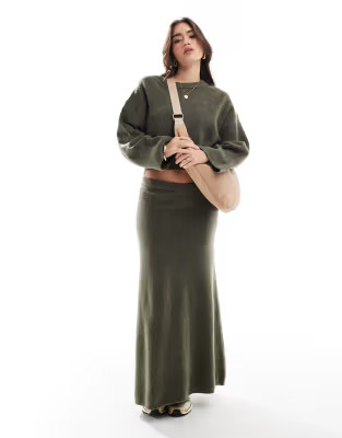 ASOS DESIGN knitted crew neck boxy sweater with wide cuff & a line maxi skirt set in khaki | ASOS (Global)
