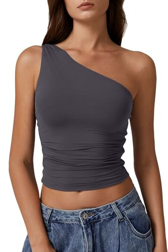 QINSEN Women's One Shoulder Tank Tops Double Lined Sleeveless Slim Fit Cropped Tee Shirt Y2k Tops | Amazon (US)