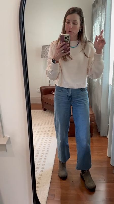 Amazon cropped sweater that I LOVE (great, great purchase) and these jeans that I love now that I have trimmed them to the perfect length, Amazon gold hoops and Blundstone boots 🤍