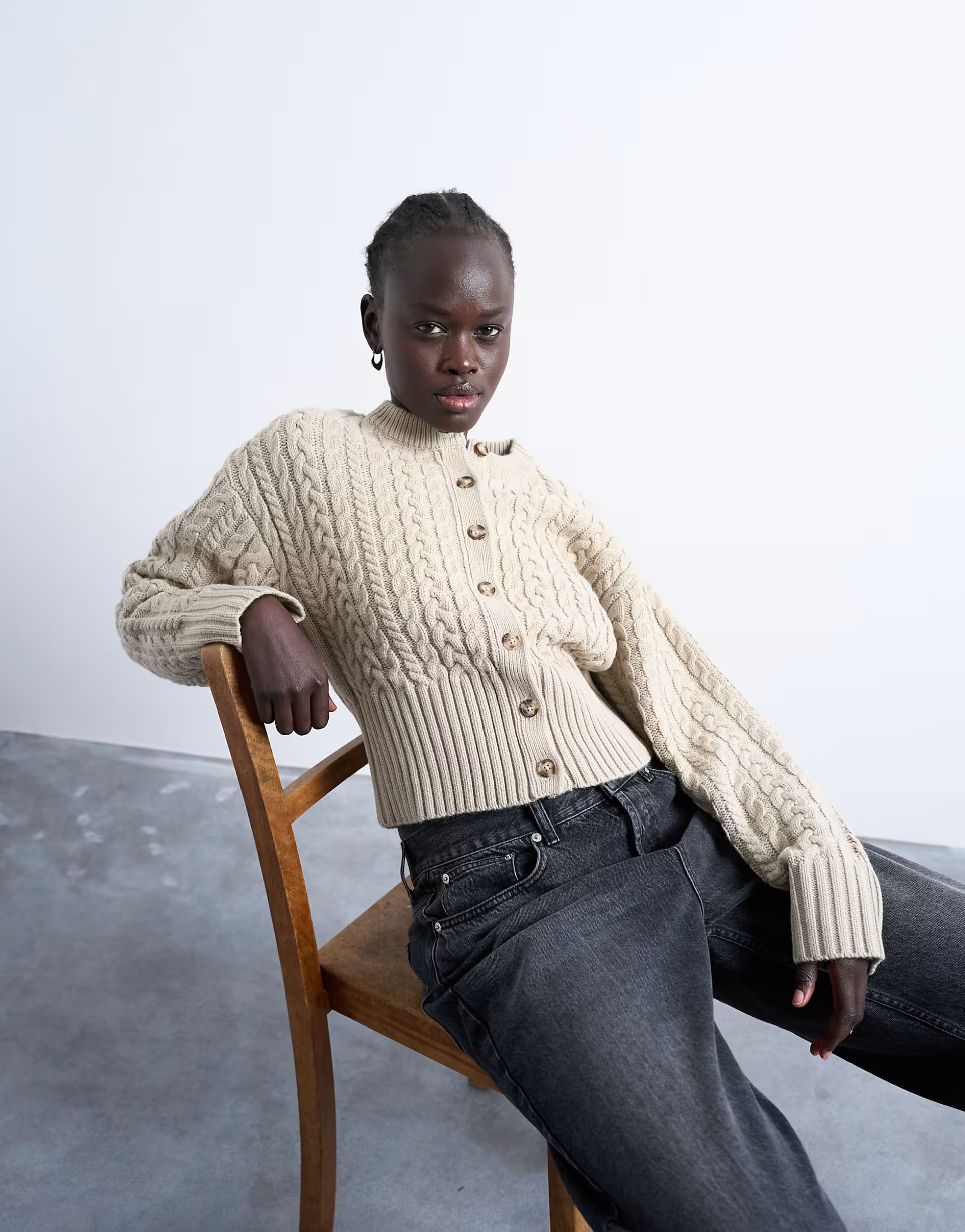 Topshop knitted cable fitted waist cardigan in oat | ASOS (Global)