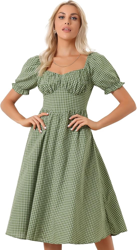 Allegra K Plaid Tea Dress for Women's Sweetheart Neck Puff Sleeve Gingham Midi Dress | Amazon (US)