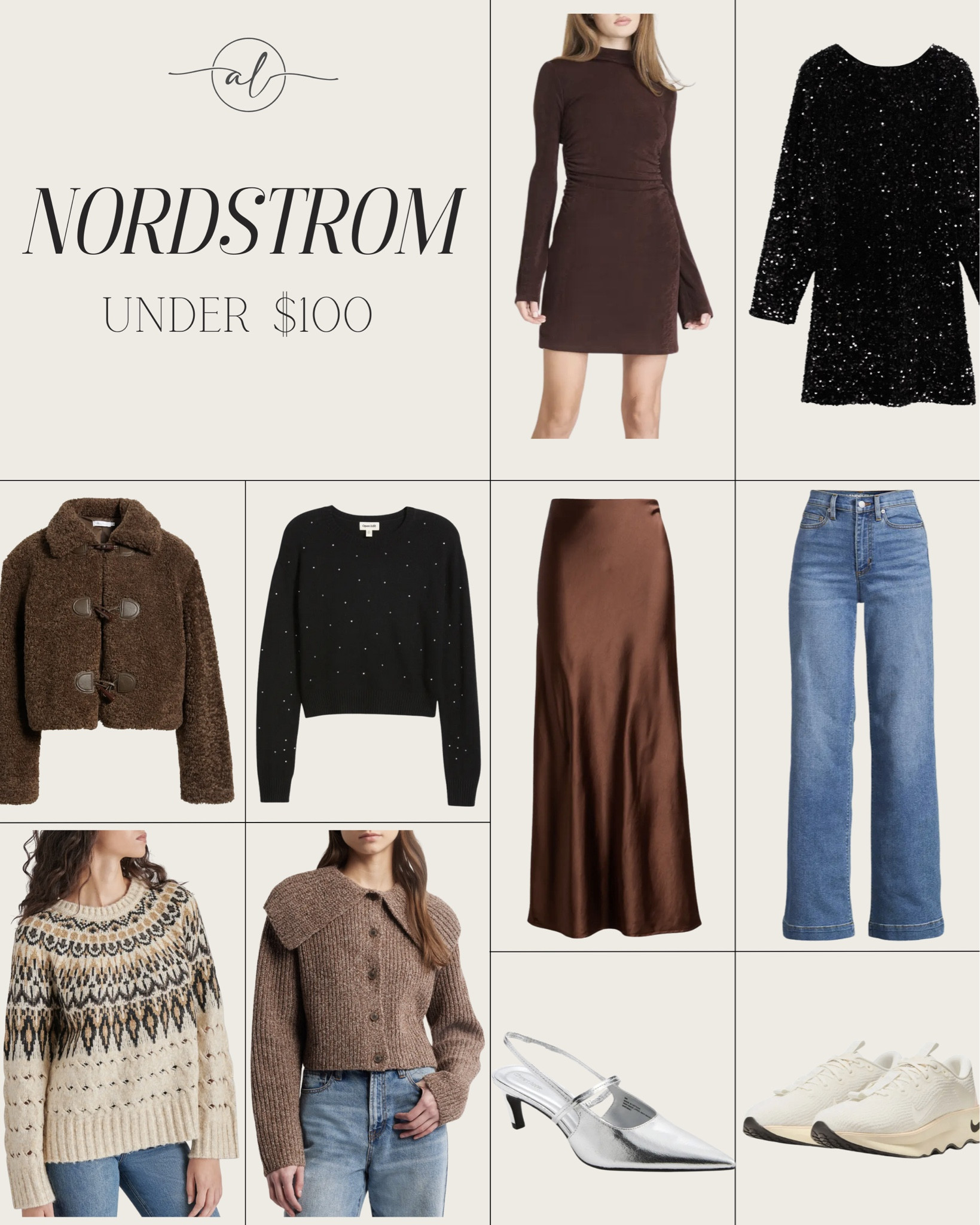 Nordstrom new arrivals under $100. Sequin dress, sweater, satin skirt, jeans. 

#LTKFindsUnder100 #LTKSeasonal #LTKStyleTip