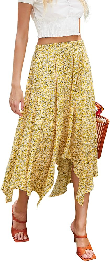 Hibluco Women's High Waist Asymmetrical Boho Midi Casual Floral Skirt | Amazon (US)
