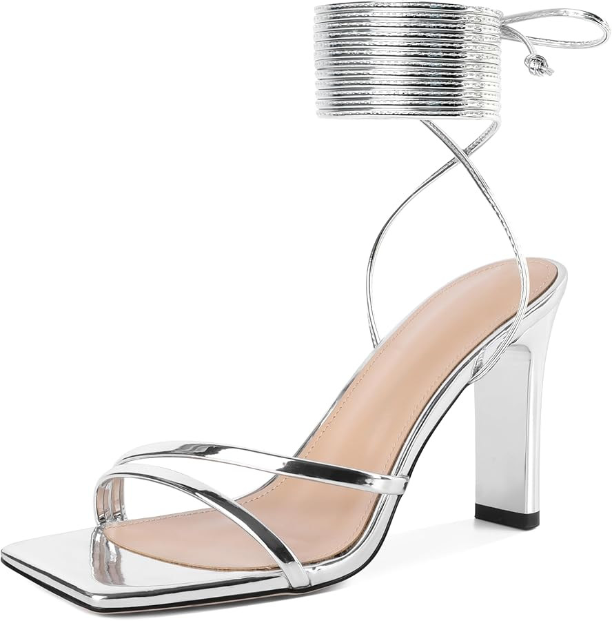 Joseywade Chunky Heels For Women Lace Up Tie Up High Heel 3.5" Heeled Sandals Open Toe Shoes | Amazon (US)