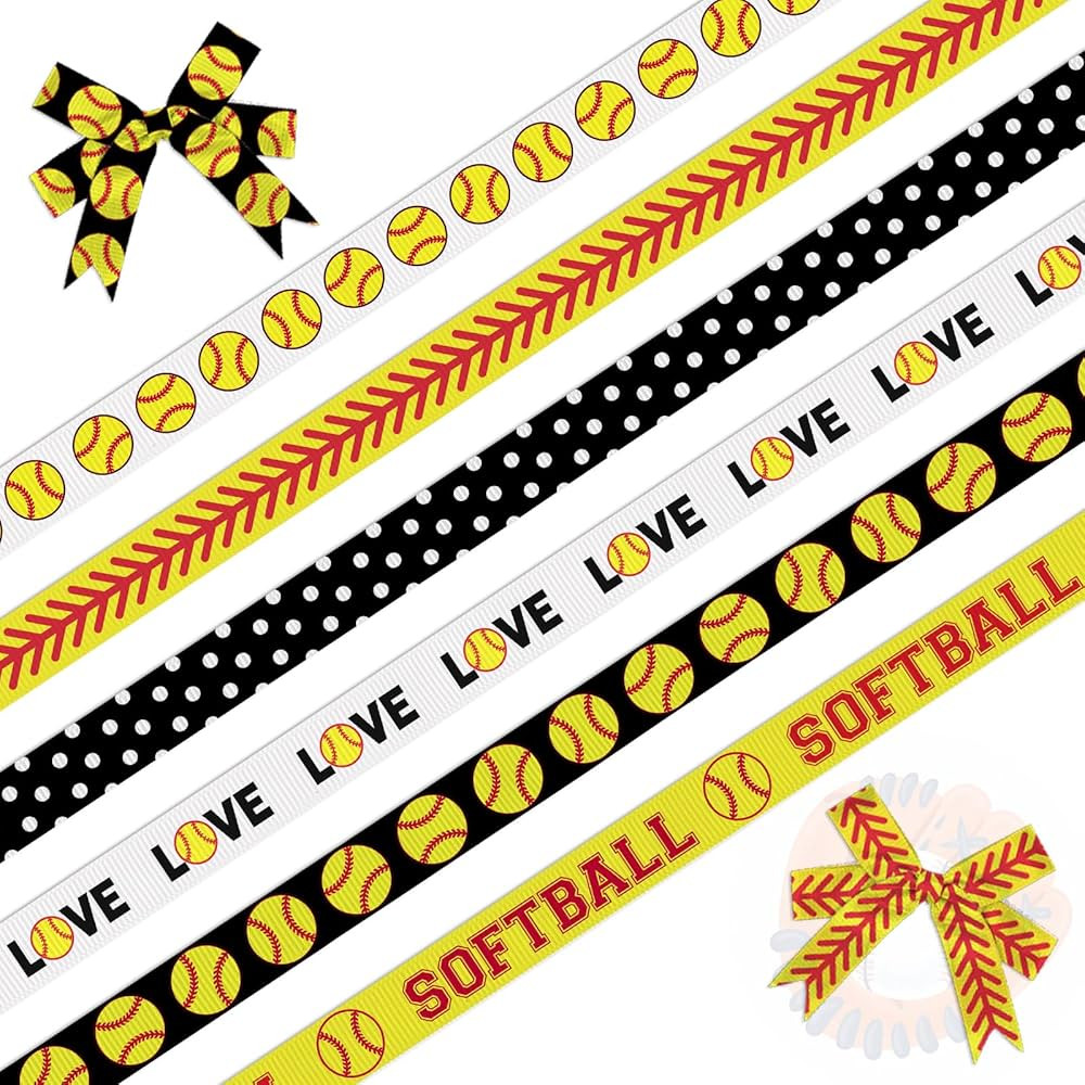 Threetols 6 Rolls 18 Yards Softball Ribbons, 3/8" Black White Dot Grosgrain Ribbons Sport Yellow ... | Amazon (US)