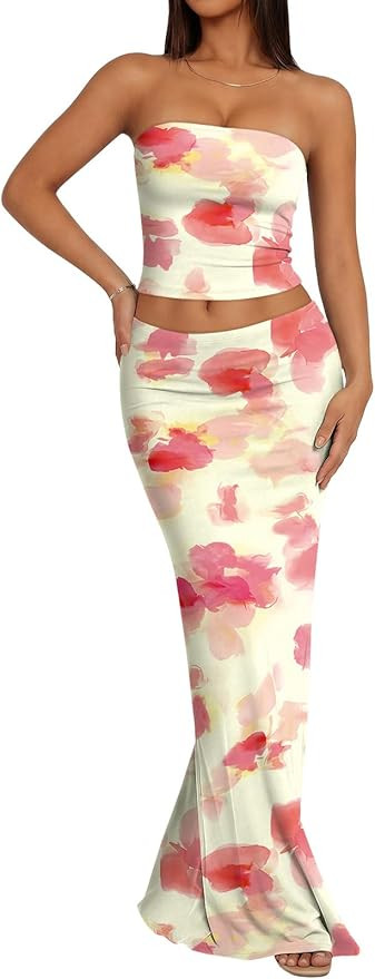 Trendy Queen Womens 2 Piece Skirt Sets Summer Outfits 2026 Going Out Bodycon Maxi Skirts Tube Top... | Amazon (US)