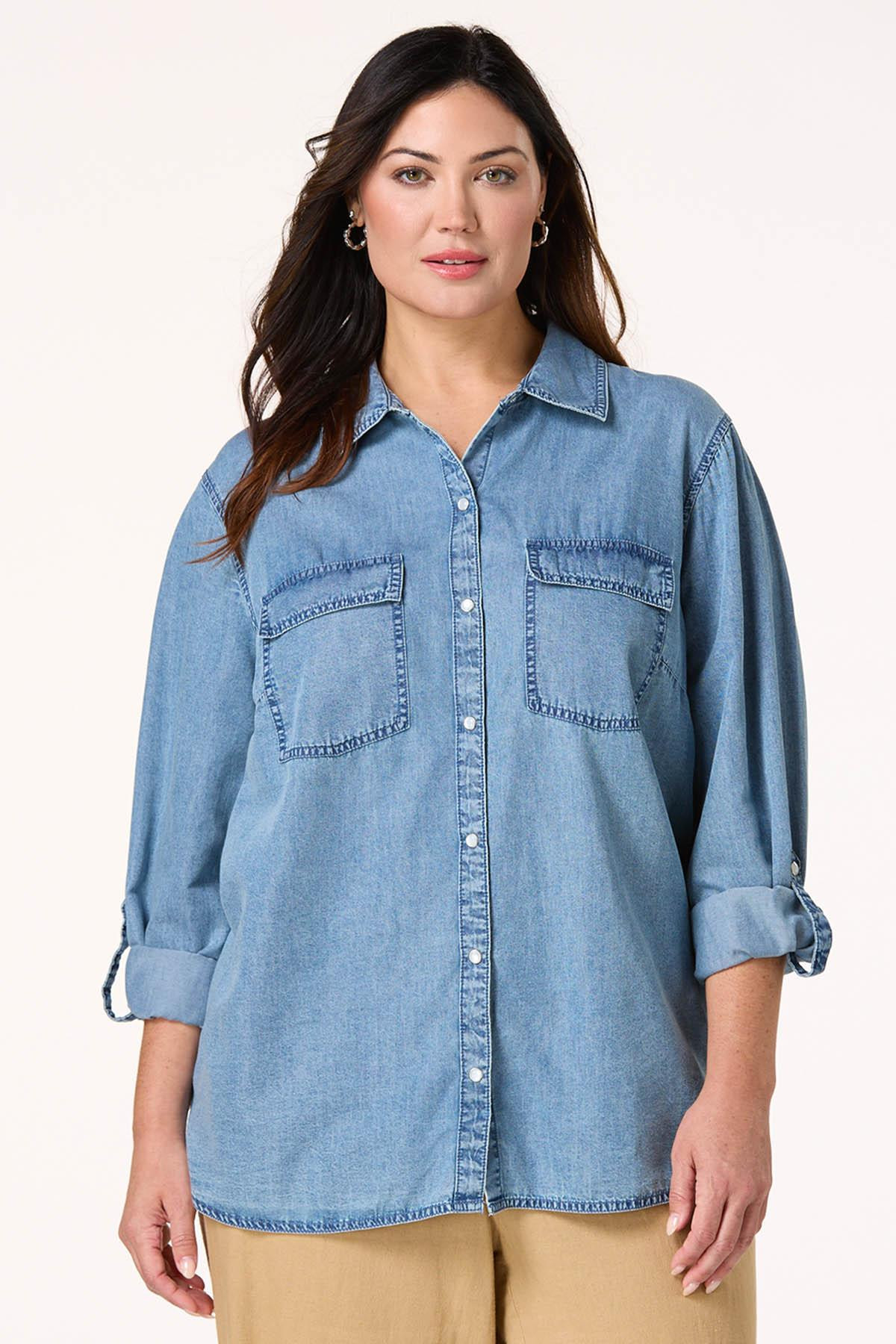 Plus Size Chambray Snap Front Shirt | Cato Fashions