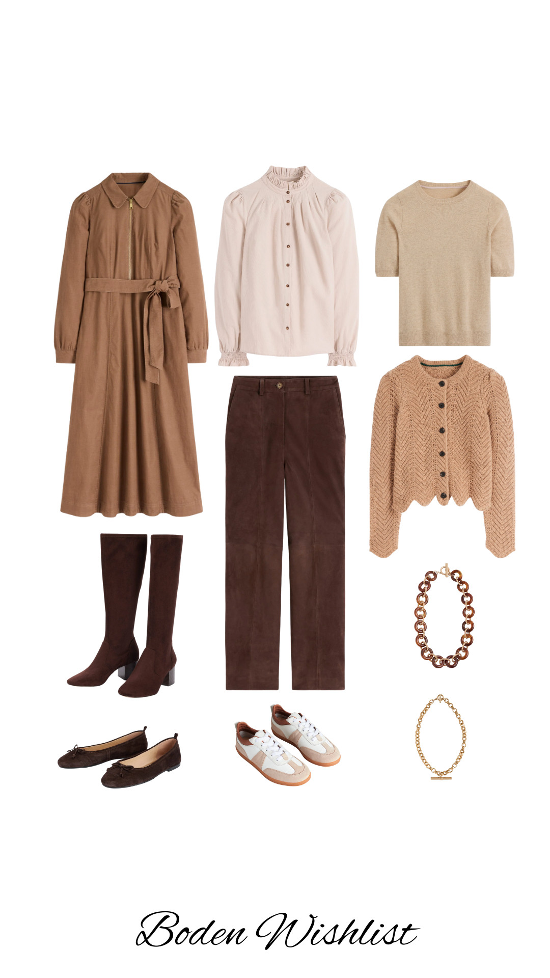 Boden, Autumn Outfits, Autumn Jackets, Coat, Neutral Colours, Beige, Brown, Suede, High Boots, Ballet Flats, Trainers, Chain Necklace, Cardigan, Knit, Blouse 

 #LTKuk #LTKautumn #LTKstyletip